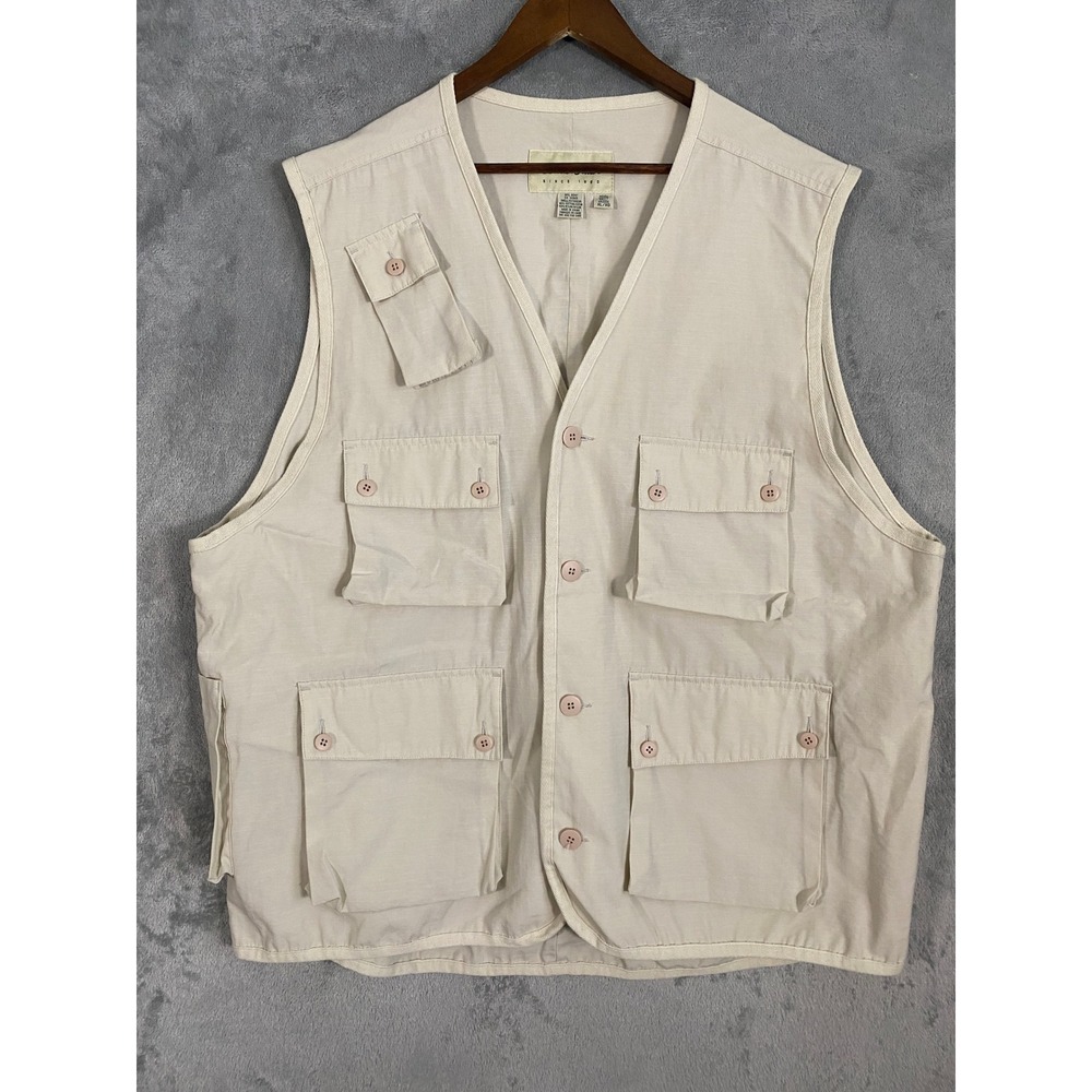 Eddie‎ Bauer Vest Mens XL Tall Beige Ripstop Multi Pocket Fishing Safari Utility